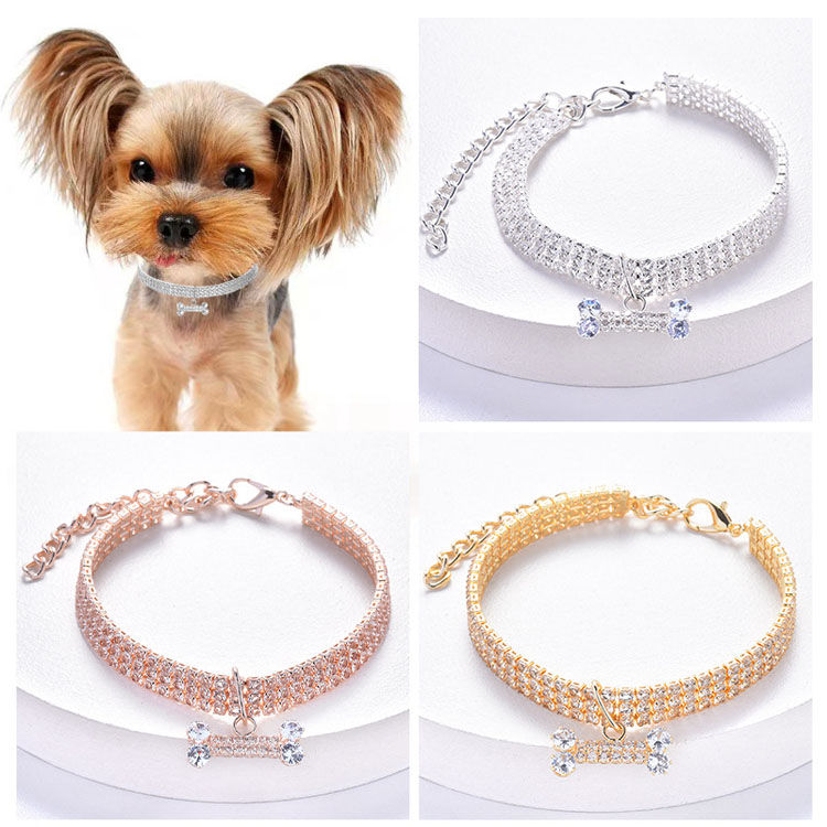 Thumbnail: Adjustable Pet Necklace Cat Dog Crystal Collar Rhinestone Bone Pendant Puppy Lux