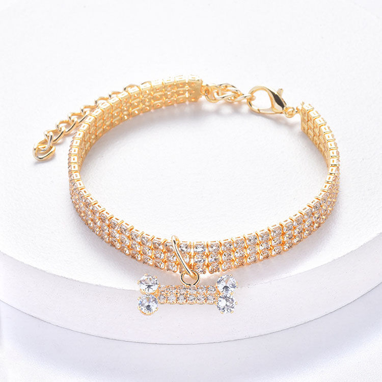 Thumbnail: Adjustable Pet Necklace Cat Dog Crystal Collar Rhinestone Bone Pendant Puppy Lux