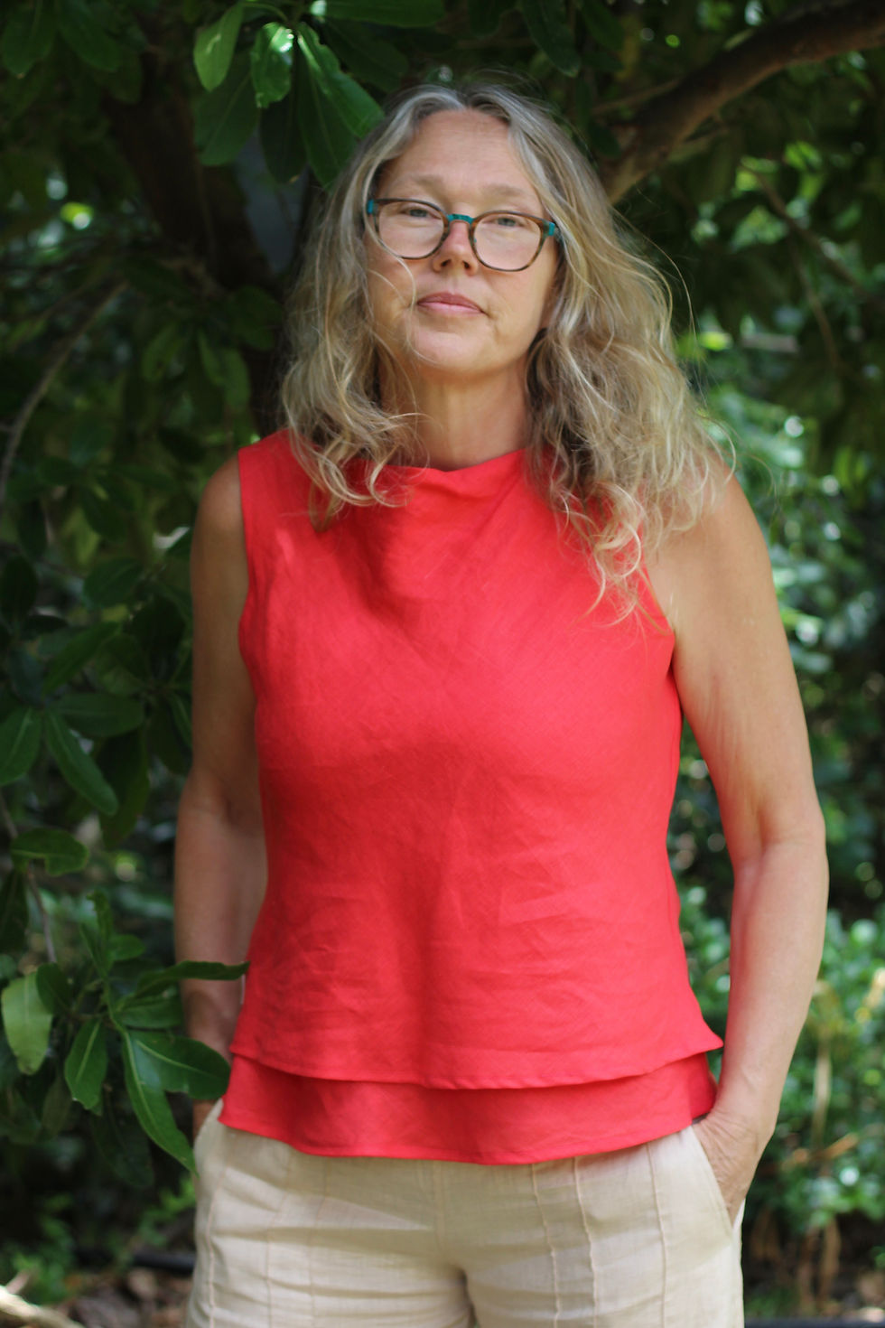 Thumbnail: Erica: Double Layered Sleeveless Linen top, cut on the bias