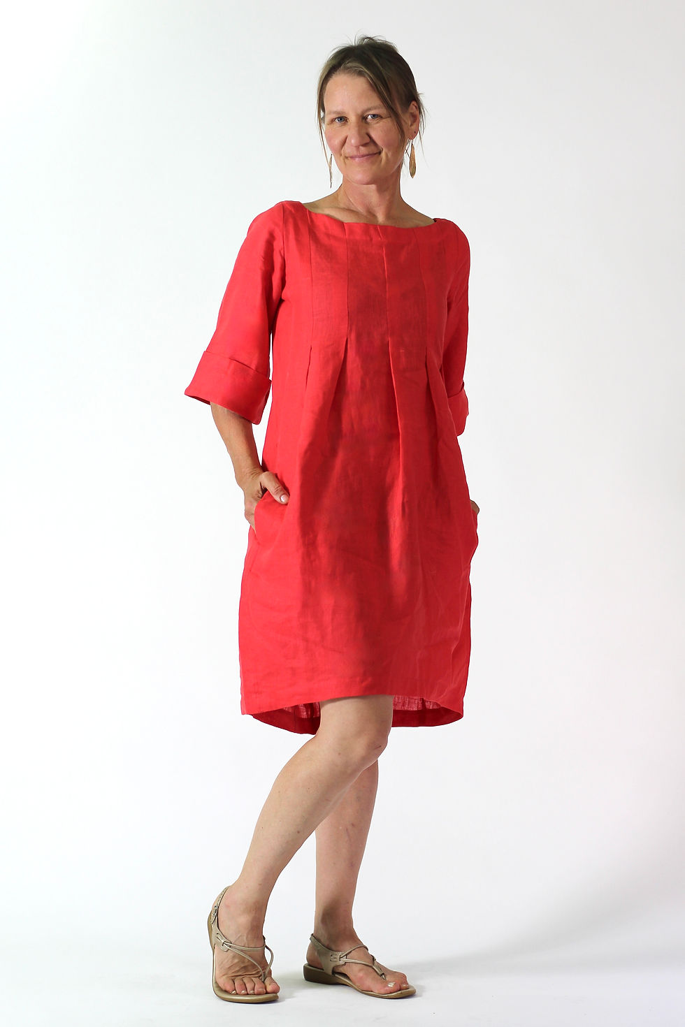 Milla: Pure Linen Bell Shaped boat neck box pleat linen dress