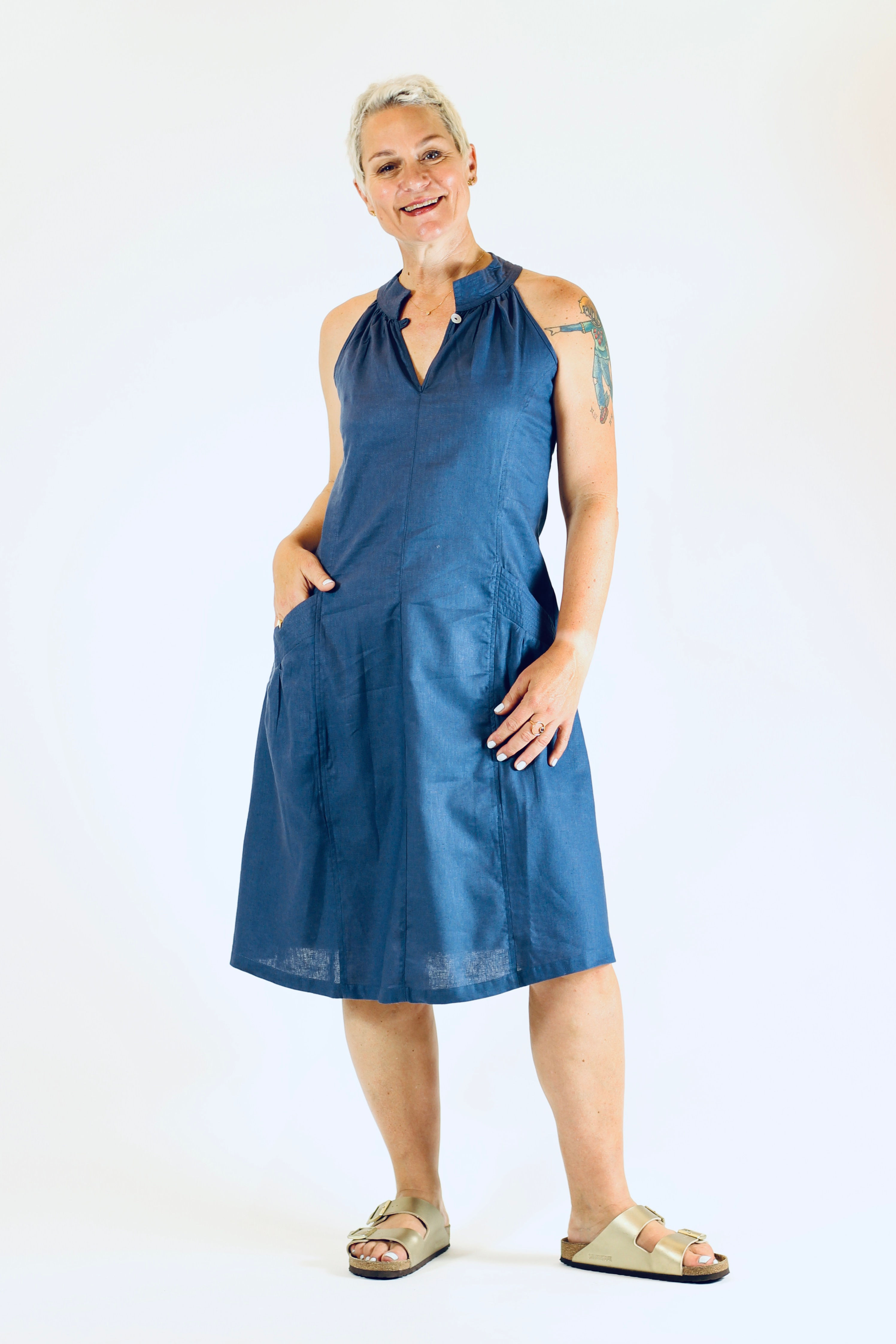 TangoH: Halterneck Knee length dress in Hemp/Organic Cotton, with deep pocket