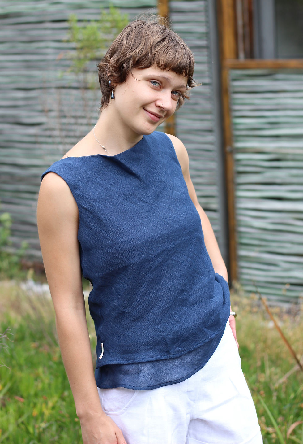 Thumbnail: Erica: Double Layered Sleeveless Linen top, cut on the bias