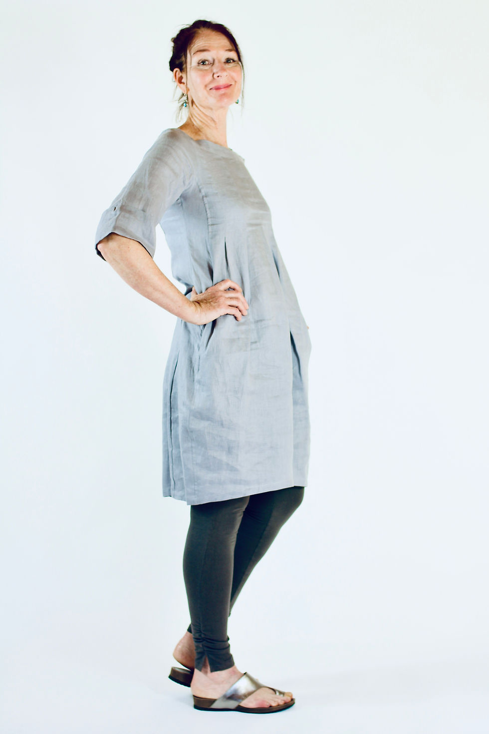Thumbnail: Milla: Pure Linen Bell Shaped boat neck box pleat linen dress