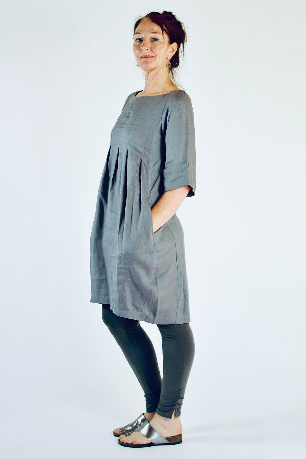 Thumbnail: Milla: Pure Linen Bell Shaped boat neck box pleat linen dress