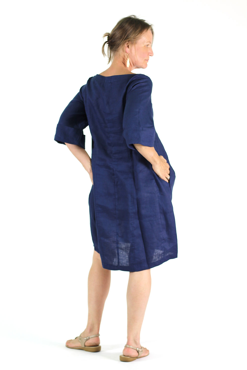 Thumbnail: Milla: Pure Linen Bell Shaped boat neck box pleat linen dress