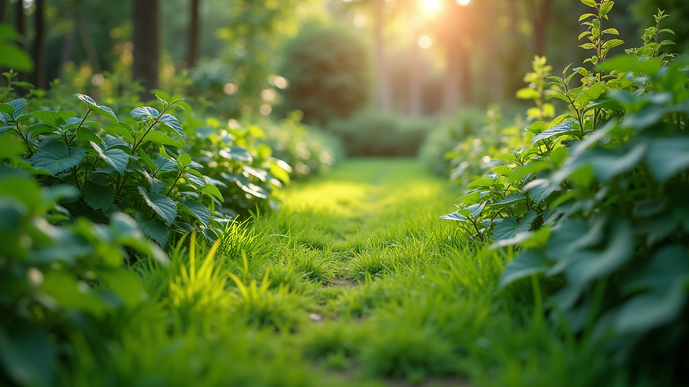 Eye-level view of a lush green garden with diverse plants