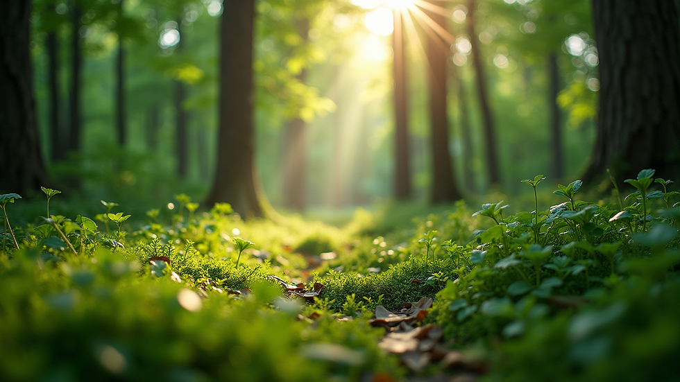Eye-level view of a lush green forest with sunlight filtering through the trees