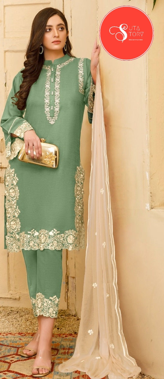 Thumbnail: Designer Embroidered Tunic with Sleeves paired with Cigarette pants