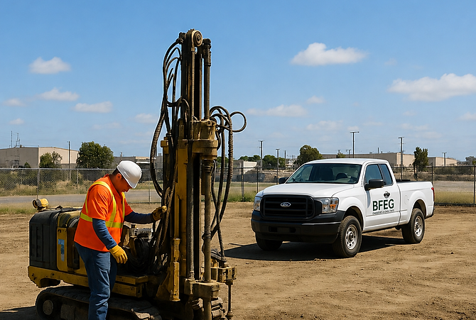 Environmental drilling crew performing Phase II Environmental Site Assessment soil boring and subsurface sampling to evaluate potential contamination.