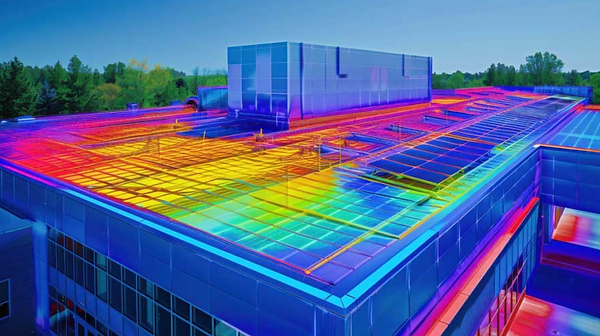 Thermography Inspections Alt Text - Thermal imagery inspection of a commercial building roof identifying heat loss, moisture intrusion, and energy performance issues