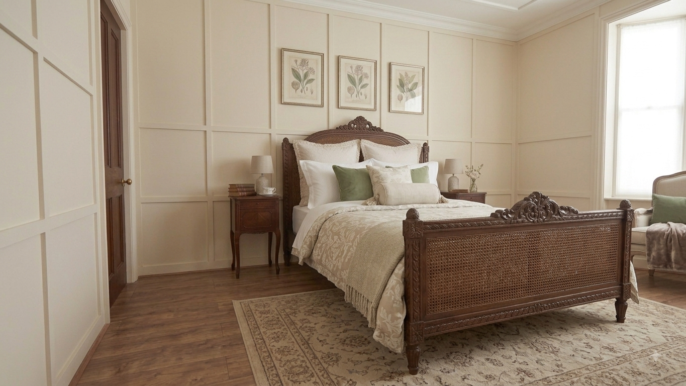 King size Antique Painted French Cane Bed OC029
