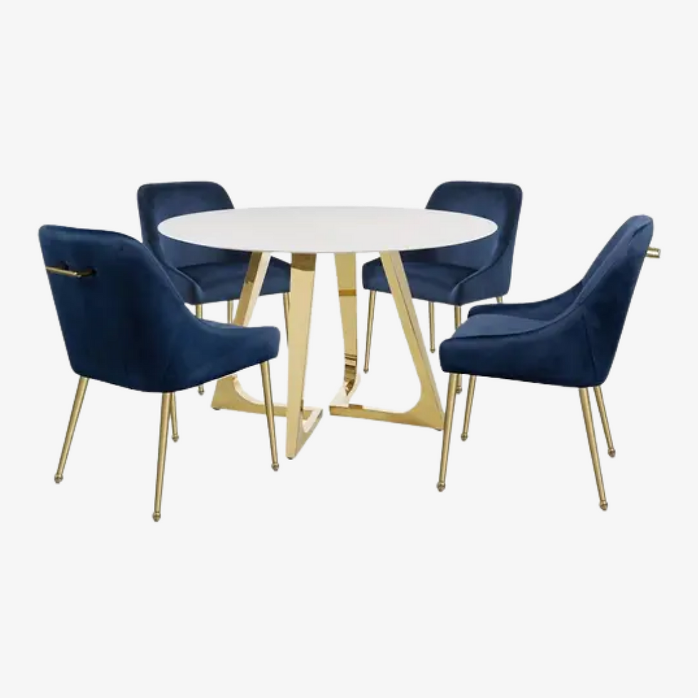 Gold + Marble Dining Set w/ Velvet Blue Chairs