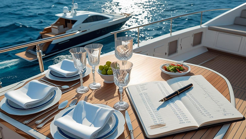 Luxury yacht charter dining setup with crystal glasses, fine dining table setting, and yacht charter cost breakdown documents on teak deck with Mediterranean sea view