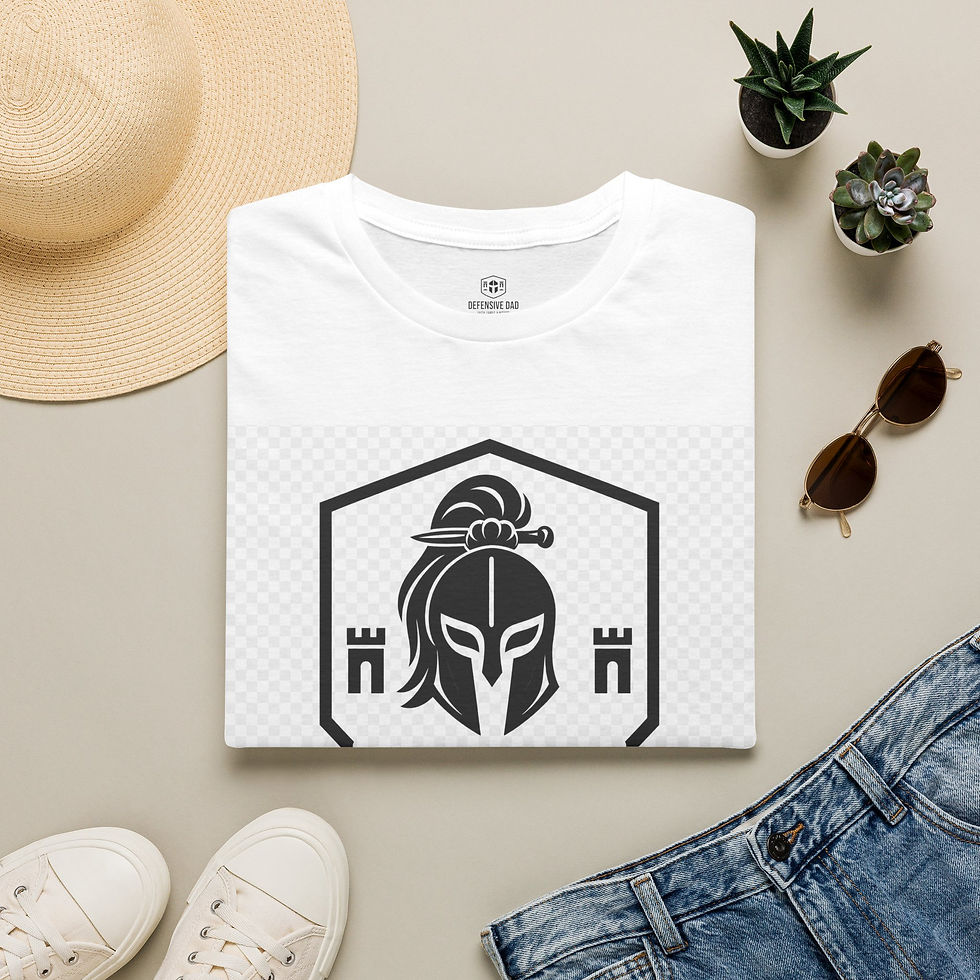 Thumbnail: Defensive Mom T-Shirt — Spartan Helmet Shield Graphic Tee with Back Cross