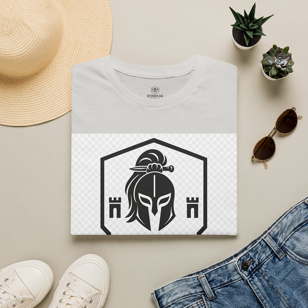 Thumbnail: Defensive Mom T-Shirt — Spartan Helmet Shield Graphic Tee with Back Cross
