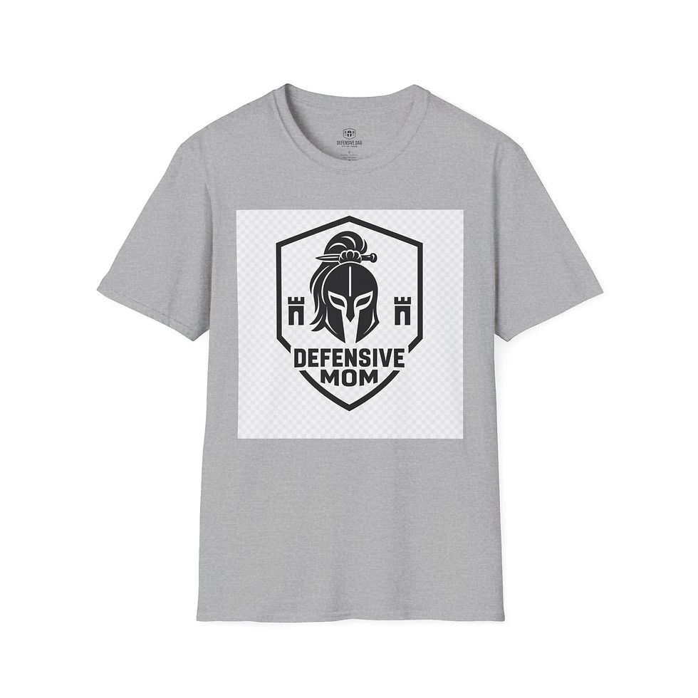Thumbnail: Defensive Mom T-Shirt — Spartan Helmet Shield Graphic Tee with Back Cross