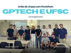 Infográfico mostrando a união de chapas com PontoTech com destaque para o corte transversal do ponto de conformação mecânica.