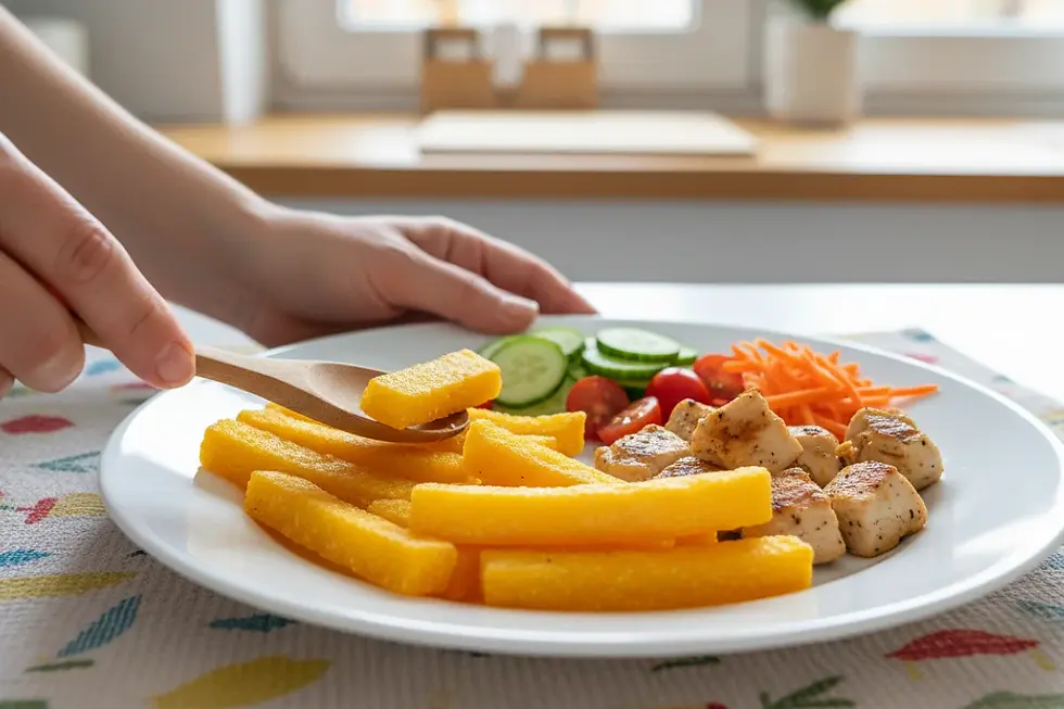 Polenta palito frita Momil servida como acompanhamento para o almoço escolar.