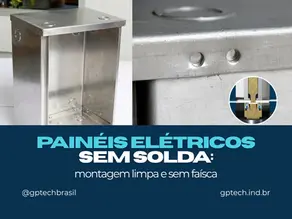 Painéis elétricos sem solda: montagem limpa e sem faísca com união de chapas a frio por conformação MECÂNICA da GPTECH, com corte em cogumelo do ponto em destaque.