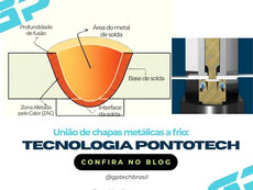Infográfico técnico da tecnologia PontoTech da GPTECH mostrando a união de chapas metálicas a frio com detalhe em corte transversal do intertravamento mecânico em formato de cogumelo.
