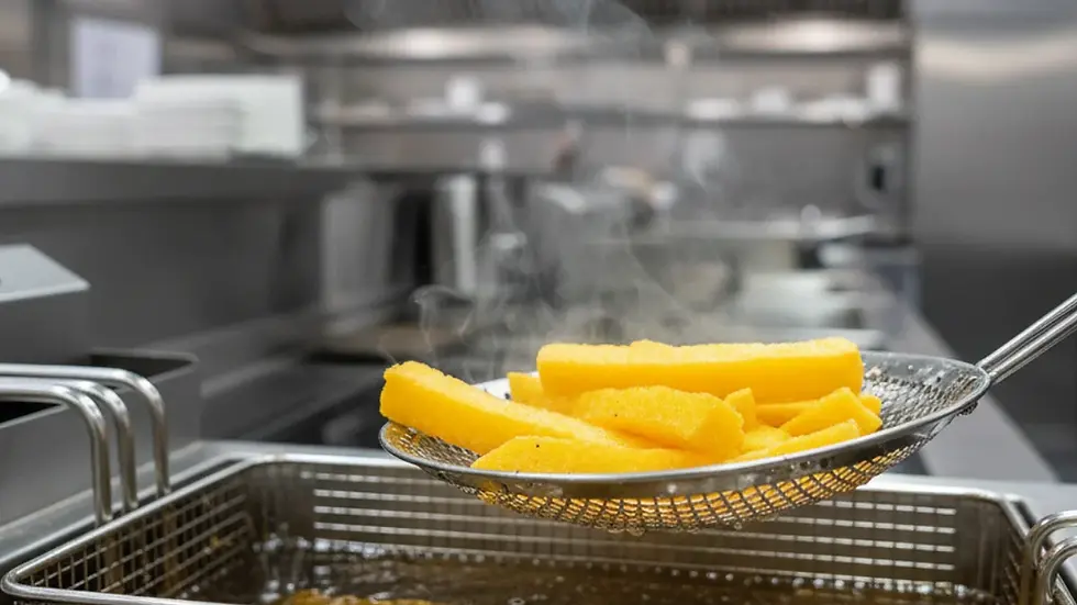 Polenta palito Momil sendo frita em óleo quente para garantir a textura ideal.