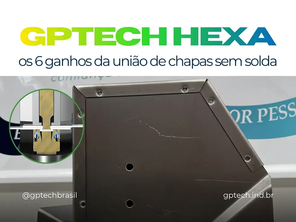 União de chapas sem solda pelo PontoTech: capa da campanha Hexa GPTECH com detalhe do intertravamento mecânico em formato cogumelo na chapa galvanizada