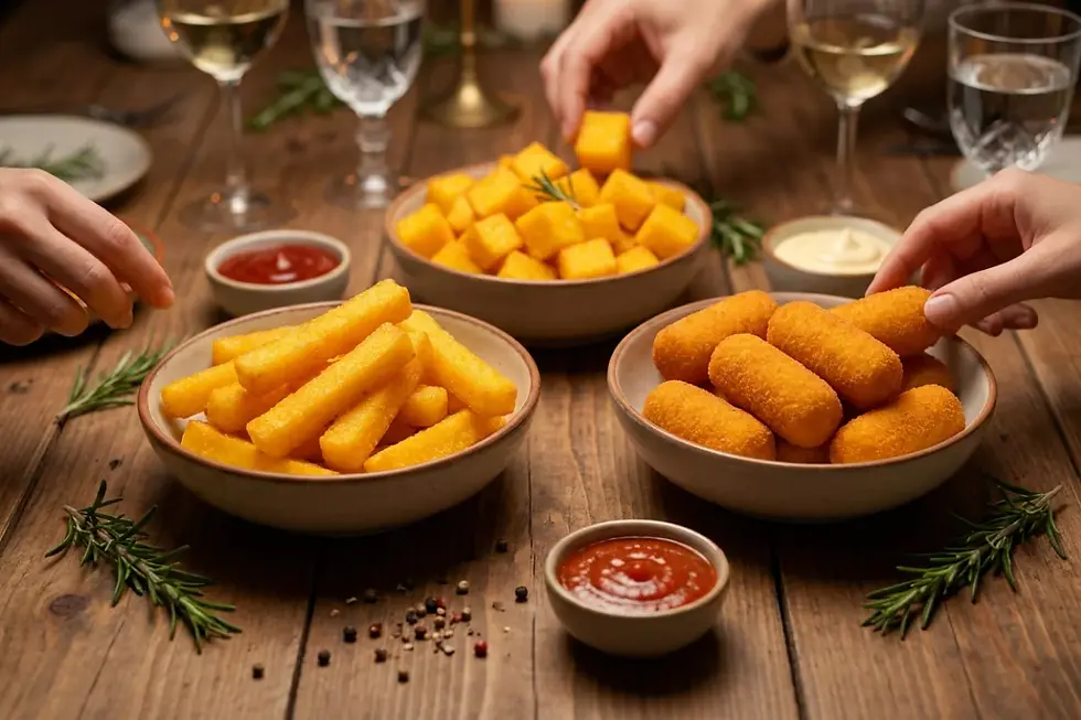 Mesa de recepção com tábua de madeira ao centro contendo palitos, cubos e rodelas da Polenta Recheada com Linguiça Momil, três potinhos de molho ao redor e ramos de alecrim