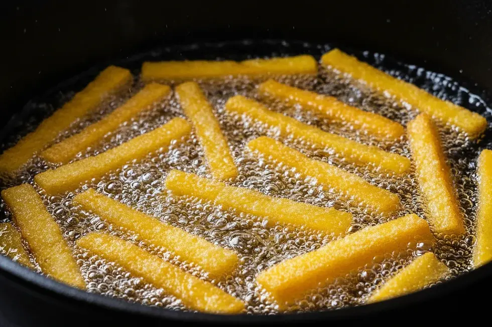 Close de polenta dourando em óleo quente dentro de panela funda, com bolhas ao redor e textura crocante em foco, fundo escuro desfocado
