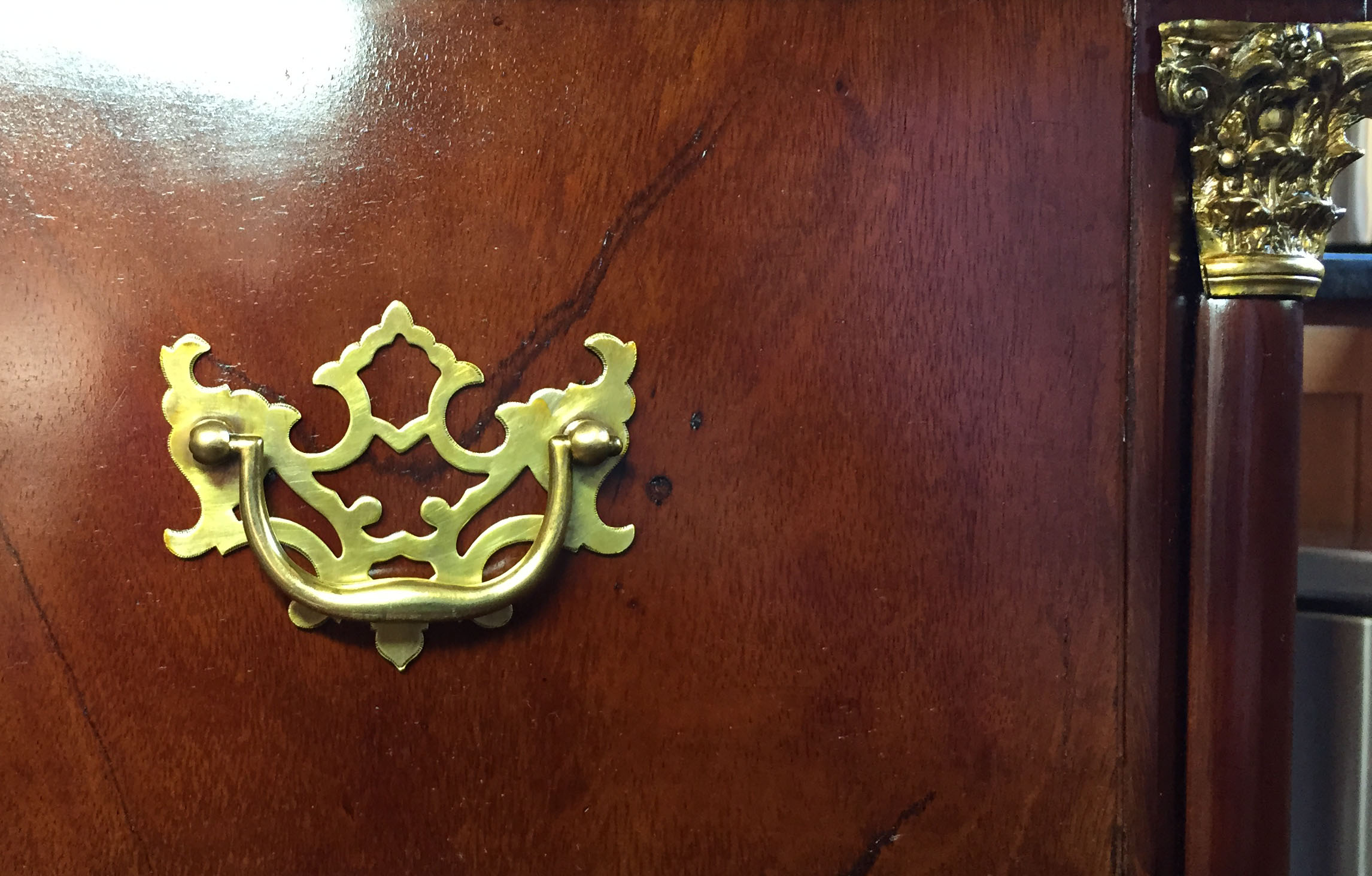 Danish desk, veneered, brass