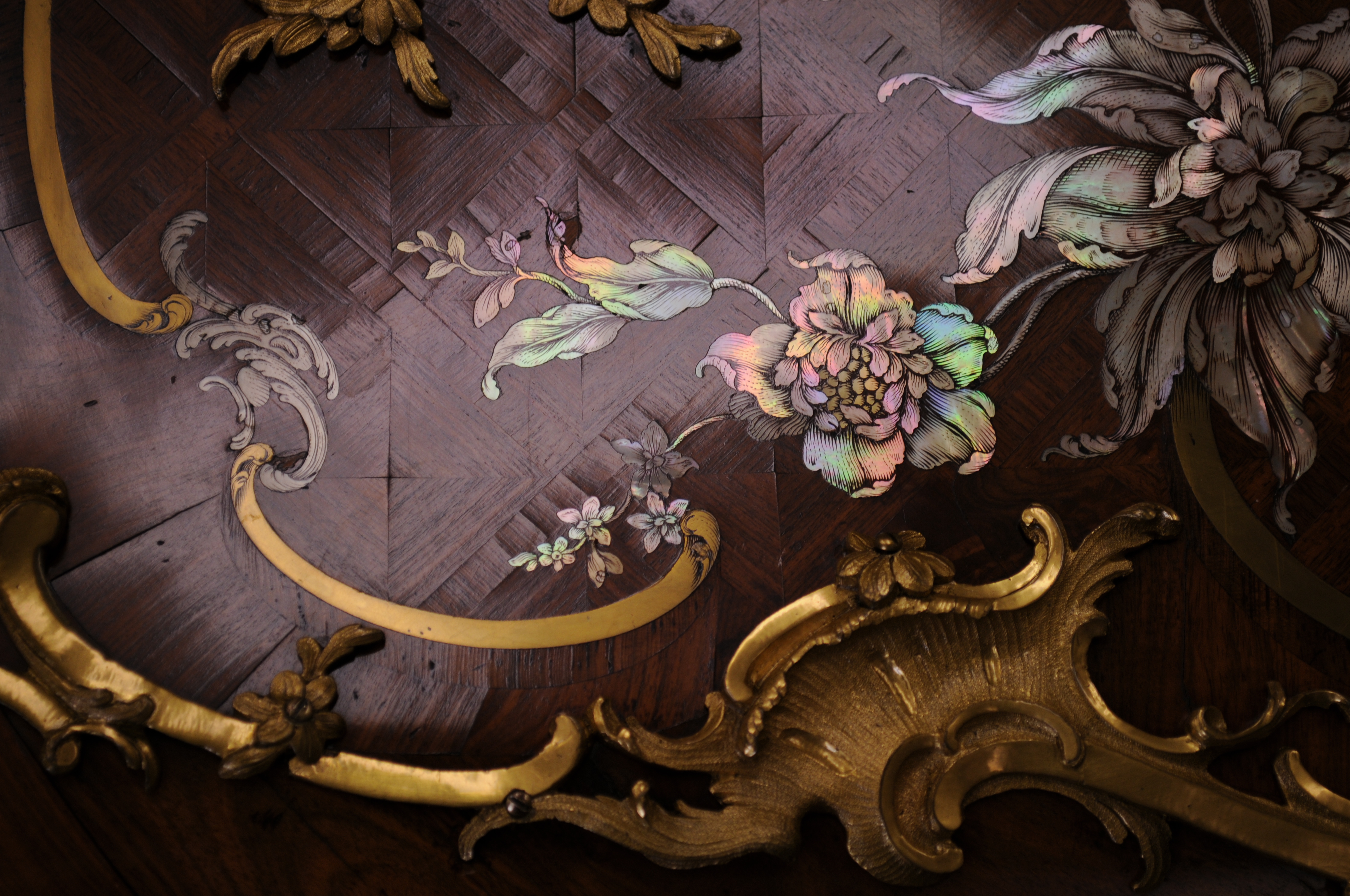 mother of pearl, ormolu, kingwood