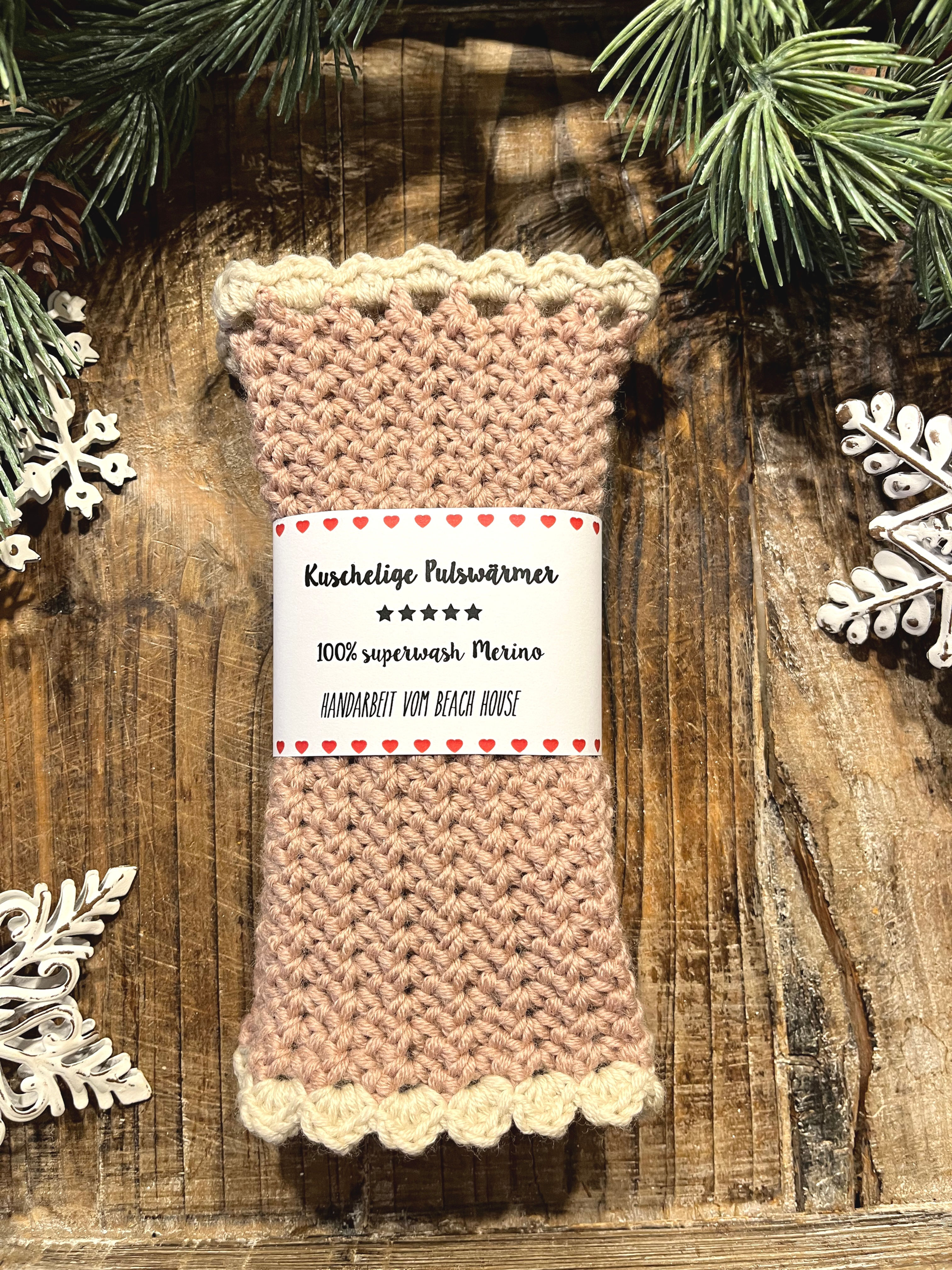 Pulswärmer Merino - Altrosa mit crème Rand