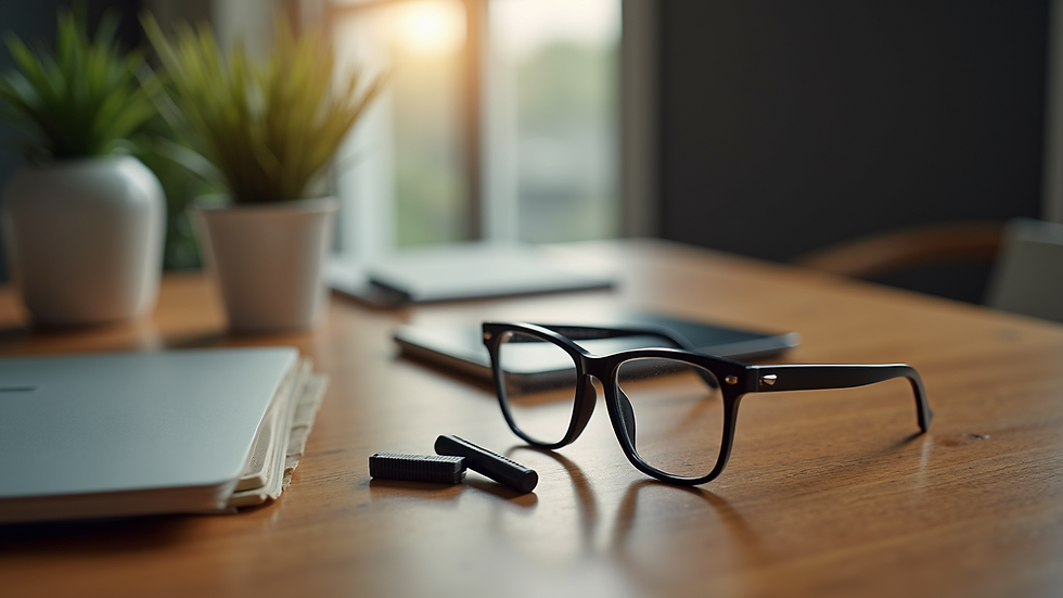 High angle view of eyeglass cleaning kit on a wooden table