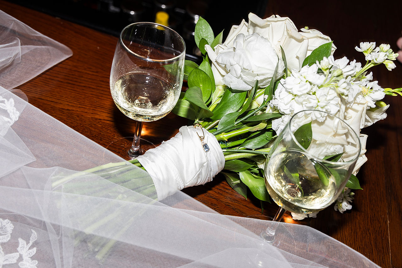 Bridal bouquet on bar top at I.d. restaurant