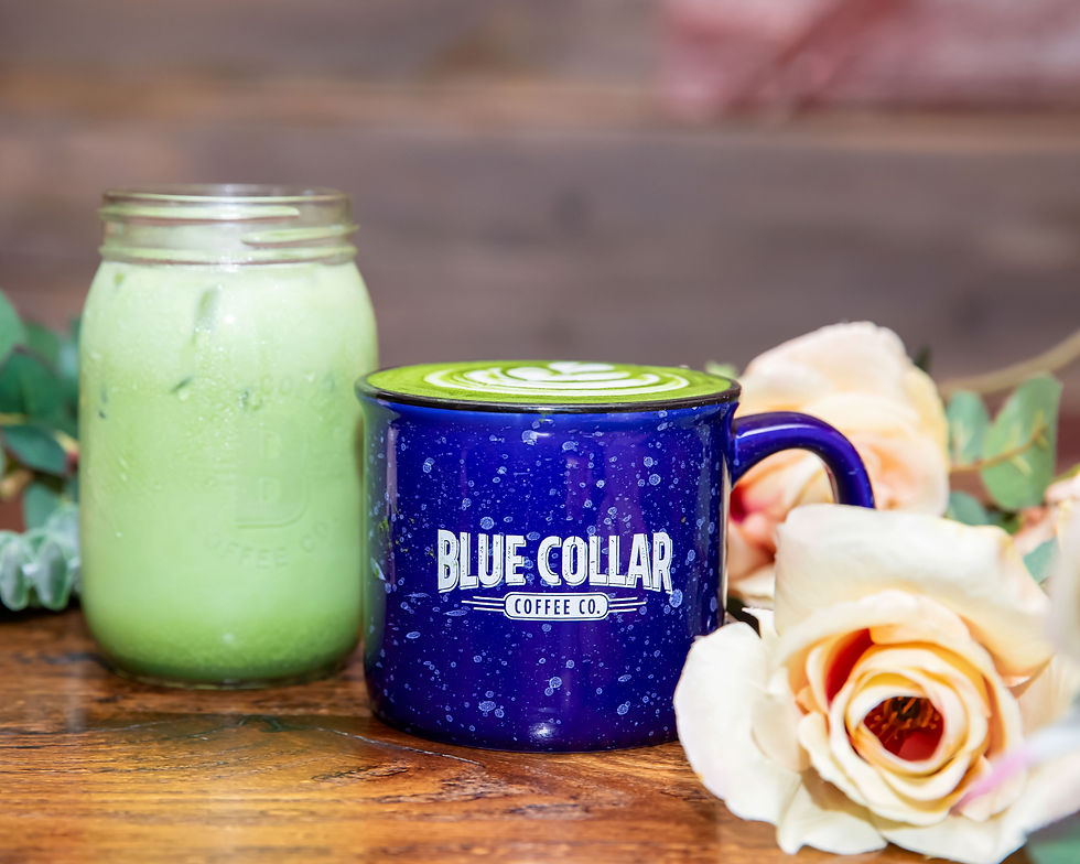 Sweet Bloom Matcha Latte with honey and lavender at Blue Collar Coffee
