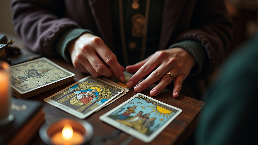 High angle view of a psychic using tarot cards during a reading