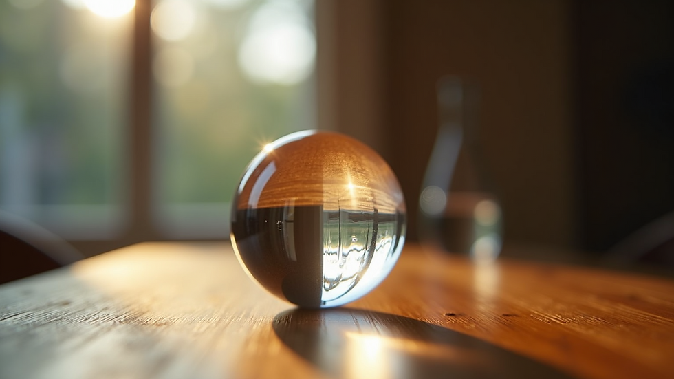 Close-up view of a crystal ball on a wooden table with soft lighting
