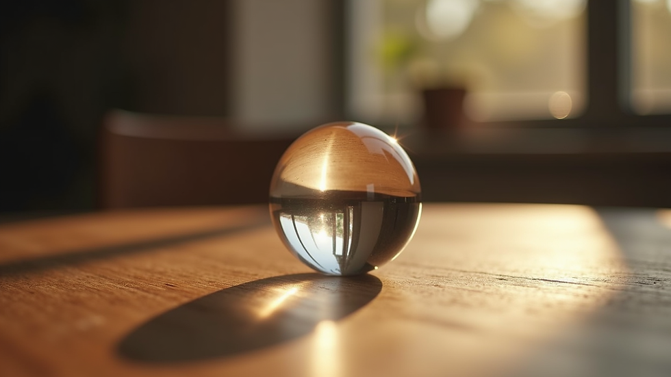 Close-up view of a crystal ball on a wooden table with soft lighting