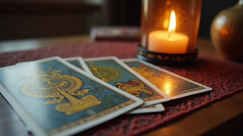 Close-up view of tarot cards laid out for a psychic clarity session