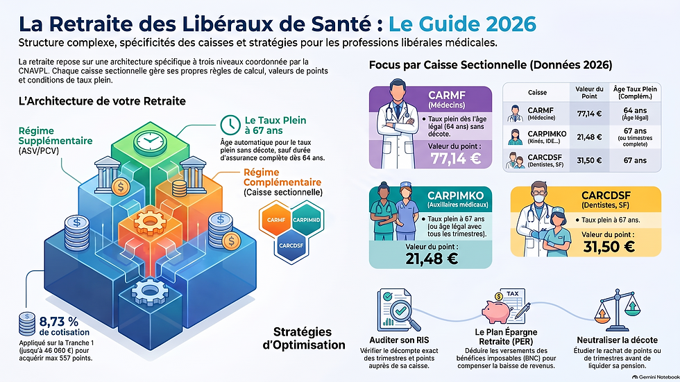 Infographie des cotisations, valeurs de points et âges du taux plein 2026 des régimes complémentaires libéraux.