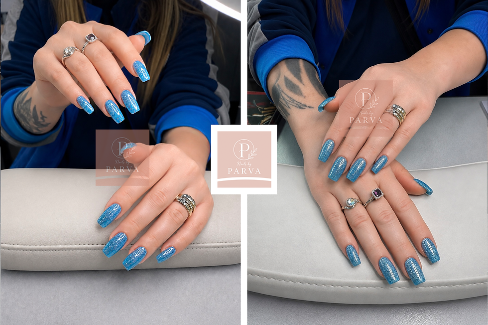 Blue disco gel nails with glitter sparkle finish at Nails by Parva Manchester