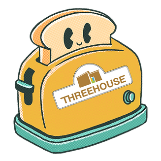Animated toaster with the ThreeHouse logo has a smiling piece of bread sticking out of the slot.