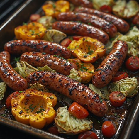 Simple Sheet Pan Meal: Roasted Sausages with Cabbage and Squash