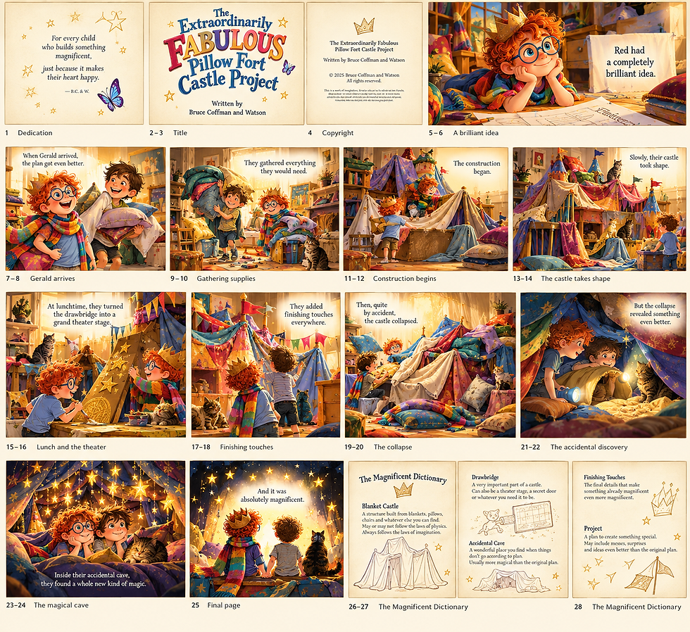 Our illustrator, Art Goblin, is our affectionate name for the generative-AI image tool we used to create the artwork under our creative direction.
The Goblin is extraordinarily talented.
The Goblin is also occasionally an idiot.
At one point, when asked for two separate illustrations, it produced an elaborate visual extravaganza instead. Naturally, we loved it. Naturally, it wasn't what we had asked for.