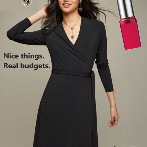 Academy Awards red carpet fashion vibe on a budget with little black dress, classic red lipstick, cute pumps and bold statement jewelry