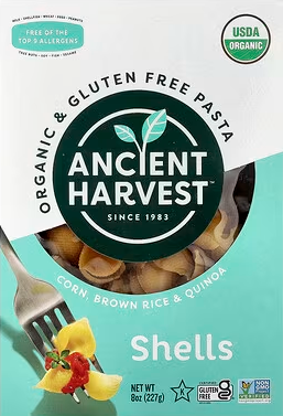 Ancient Harvest, Organic & Gluten Free Pasta, Shells, 8 oz
Free of Top 9 Allergens
USDA Organic
Corn, Brown Rice & Quinoa
Since 1983
Kosher
Certified Gluten Free
Non GMO Project Verified
Certified Organic by Bioagricert
Information supplied on the site.