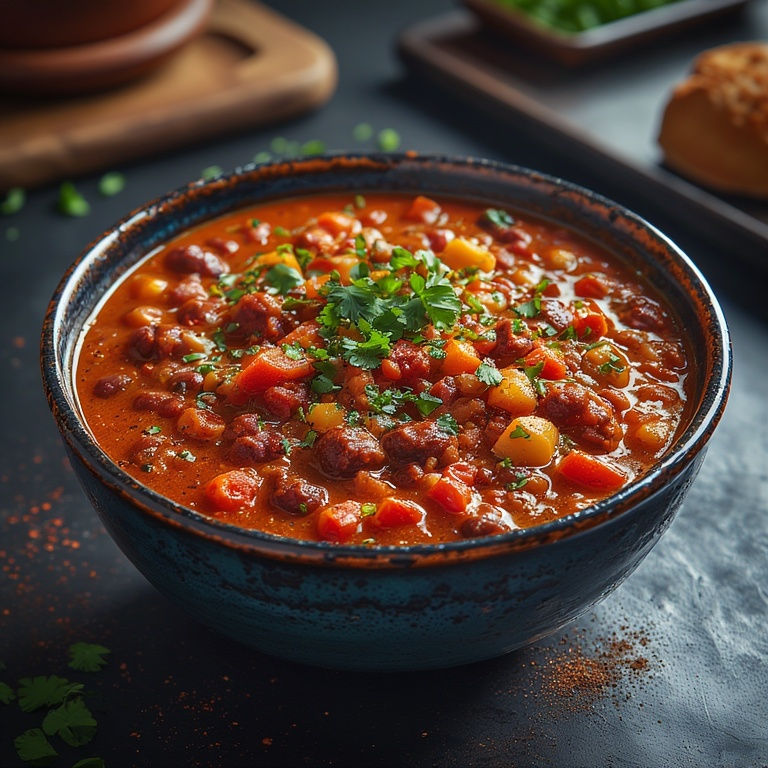 AI generated photographic image of a bowl of delicious homemade vegan chili, budget friendly!