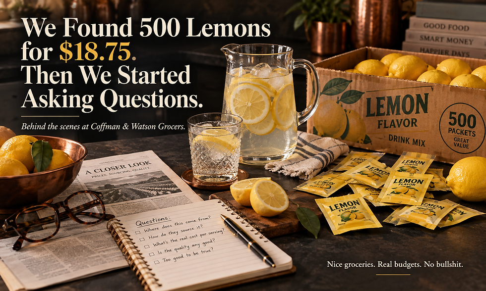 Editorial still life of lemons, lemon-flavored drink packets, iced lemon water and a research notebook, with the headline “We Found 500 Lemons for $18.75. Then We Started Asking Questions.”