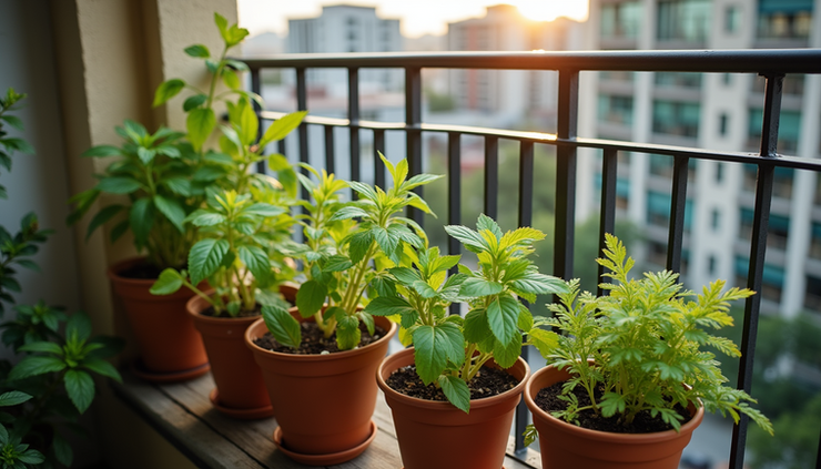 High angle view of a small urban garden with potted plants and vegetables
