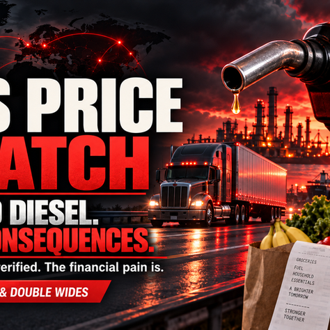 Hero alt text: Red-and-black Gas Price Watch graphic showing a semi-truck, diesel nozzle, refinery and grocery bag. Text reads, “Record diesel. Real consequences. The strike isn’t verified. The financial pain is.”
