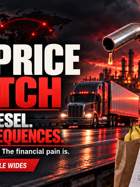 Hero alt text: Red-and-black Gas Price Watch graphic showing a semi-truck, diesel nozzle, refinery and grocery bag. Text reads, “Record diesel. Real consequences. The strike isn’t verified. The financial pain is.”